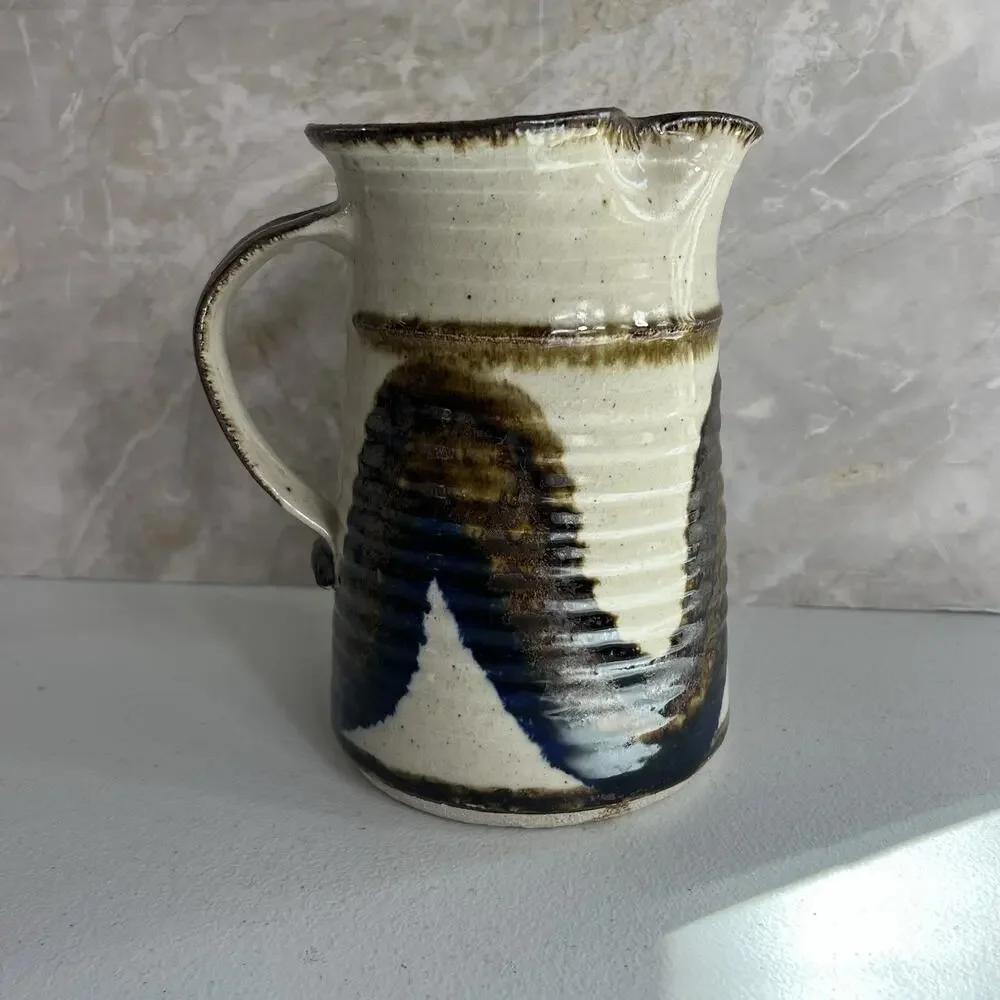 Studio Art Pottery Pitcher Vase Hand Thrown Glazed Brown Shades Stoneware Glossy